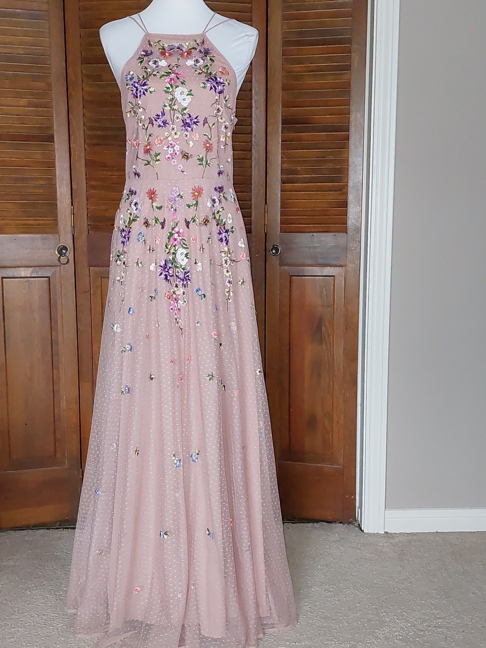 ASOS Dusty Pink Floral Embroidered Dobby Mesh Cami Strap Maxi Dress Sz 8